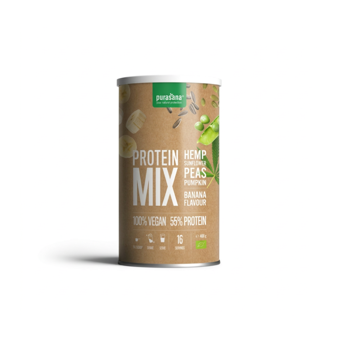 Protéines véganes bio Mix 55% (pois, tournesol, chanvre, courge) saveur banane 400g - PURASANA
