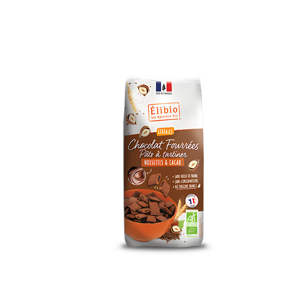 Céréales Chocolat Fourrées Noisette et Cacao 375g - ELIBIO