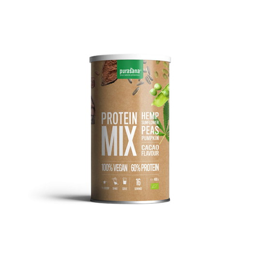 Protéines véganes Mix 60% (pois, tournesol, chanvre, courge) saveur cacao 400g - PURASANA