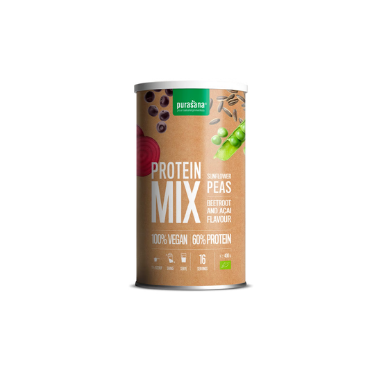Protéines véganes bio Mix 60% (pois, tournesol) saveur betterave et açai 400g - PURASANA