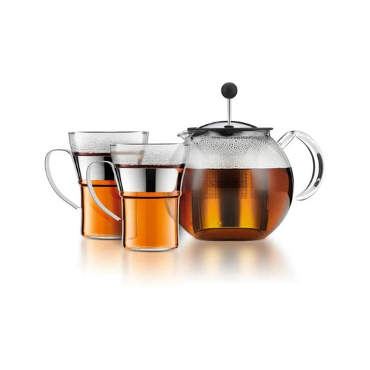 Assam Set Théière à Piston Filtre Inox 1L, 2 Verres à Café Anse 0.35L - BODUM