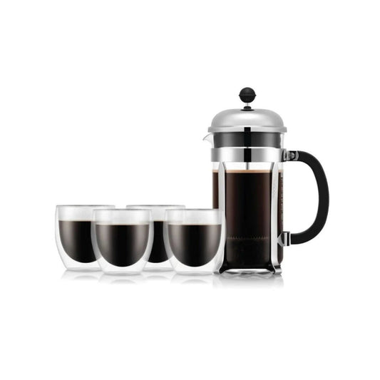 Chambord Set Cafétière à Piston 1L + 4 Verres Doubles Paroi Pavina 25CL - BODUM