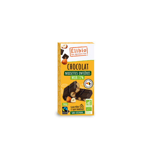 Tablette Chocolat Noir aux Noisettes Entières 72% 200g - ELIBIO